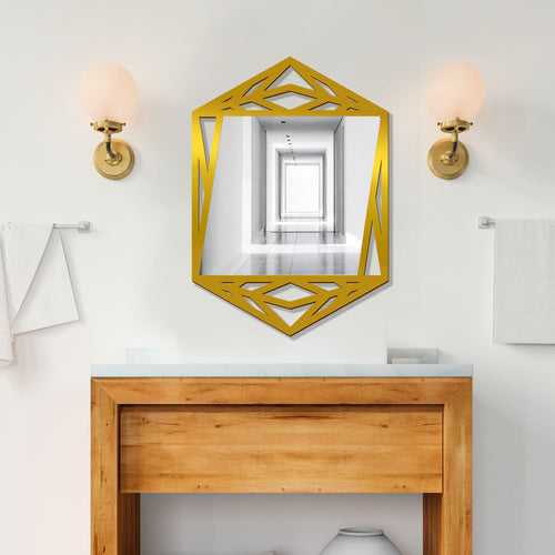 Minimalistic Geometrical Shape Wooden Golden Finish Wooden Vanity Mirror