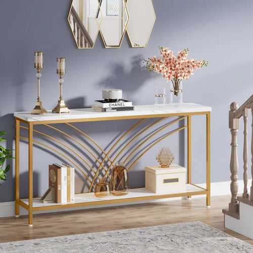 Premium Modern Faux Marble Console Table with 2 Tier Storage Shelf