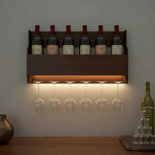 Spacious Design Backlit MDF Mini Bar Shelf in Walnut Finish