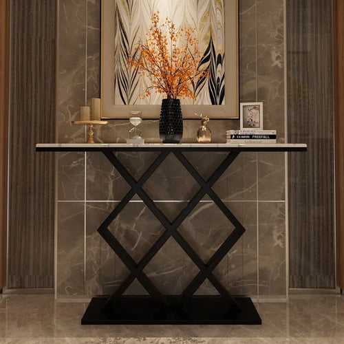 X-Rhombus Black Rectangular With Faux Marble Top Console Table