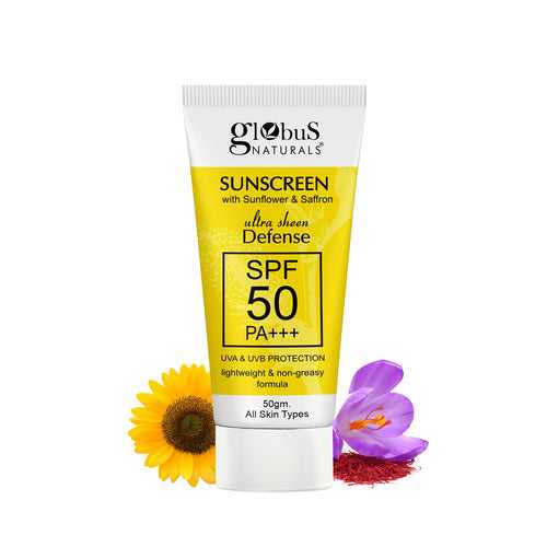Globus Naturals Sunscreen with Ultra Sheen Defense, SPF 50 PA+++, UVA & UVB Protection, Lightweight & Non-greesy Formula, Normal to Oily Skin, 50 gm