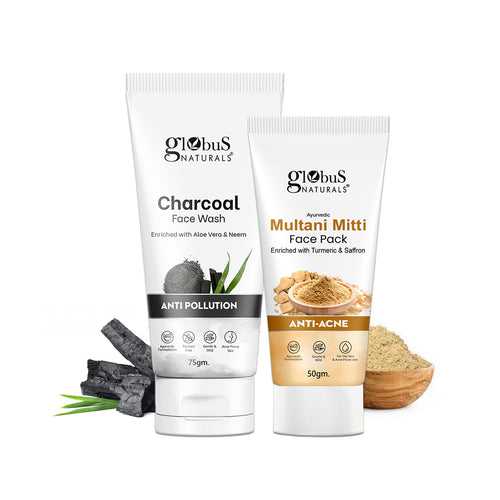 Globus Naturals Face Care Combo Set of 2- Charcoal Face Wash 75gm and Multani Mitti Face Pack 50 gm