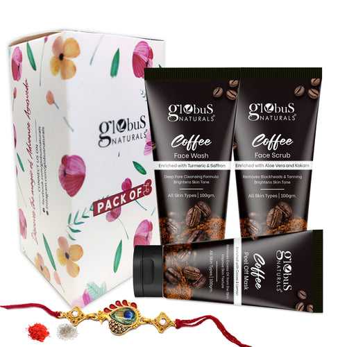 Globus Naturals Coffee Rakhi Trio Kit For Brother & Sister -Set of 3 Face Wash, Face Scrub, Peel off Mask