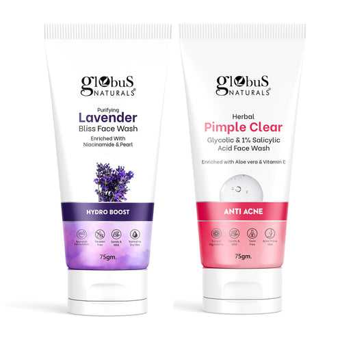 Globus Naturals Face Care Combo- Hydro Boost Lavender & Anti Acne Glycolic, Face Wash, Set of 2, 75gm