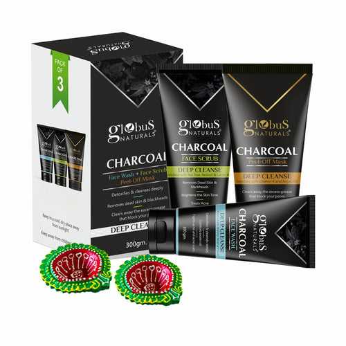 Globus Naturals Diwali Glow Charcoal Trio Kit Set of 3 - Face Wash 100 gm, Face Scrub 100 gm, Peel-off Mask 100 gm"