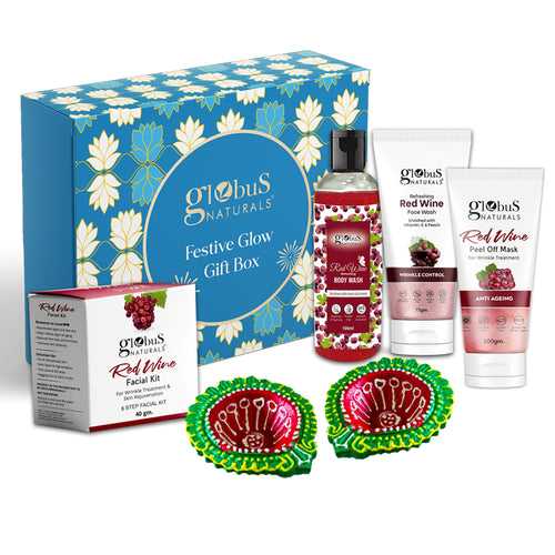 Globus Naturals Red Wine Diwali Glow Gift Box Set of 4 - Face Wash 75 gm, Peel Off Mask 100 gm, Facial Kit 40 gm & Body Wash 100 gm