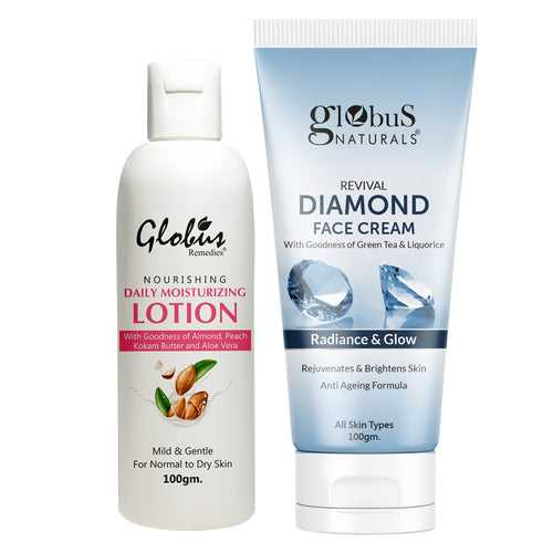 Globus Naturals Velvet Glow Body Care Combo - Daily Moisturzing Body Lotion & Diamond Face Cream