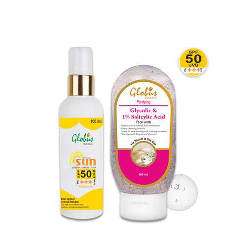 Globus Remedies Summer Sizzle Set - Sunscreen Lotion SPF 50++ 100 ml & Glycolic & 1% Salicylic Acid Face Wash 100 ml