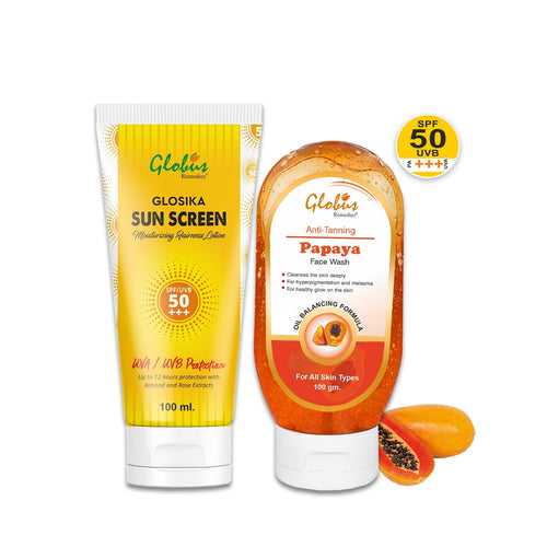 Globus Remedies Summer Sizzle Set - Glosika Sunscreen Lotion SPF 50++ 100 ml & Papaya Face Wash 100 ml