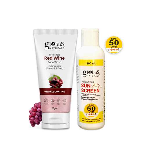 Globus Naturals Summer Sizzle Set - Sunscreen Lotion SPF 50++ 100 ml & Red Wine Face Wash 75 gm