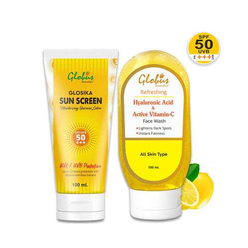 Globus Remedies Summer Sizzle Set - Glosika Sunscreen Lotion SPF 50++ 100 ml & Vitamin C & Hyaluronic Acid Face Wash 100 ml