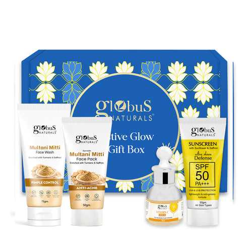 Globus Naturals Summer Radiance Skincare Gift Box Set of 4 - Multani Mitti Face Wash 75g, Multani Mitti Face Pack 50g, Sunscreen 50 gm & Vitamin C Face Serum 30 ml