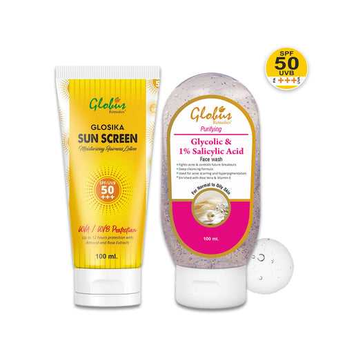 Globus Remedies Summer Sizzle Set - Glosika Sunscreen Lotion SPF 50++ 100 ml & Glycolic & 1% Salicylic Acid Face Wash 100 ml