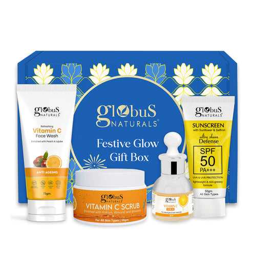 Globus Naturals Summer Glow Essentials Gift Box Set of 4- Vitamin C Face Wash, Vitamin C Scrub, Vitamin C Serum & Sunscreen