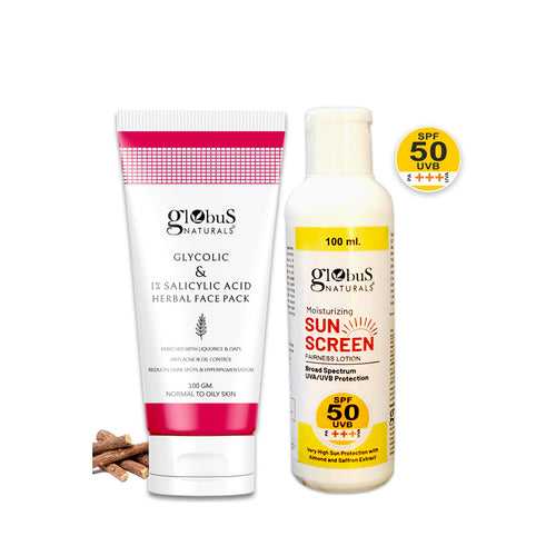 Globus Naturals Summer Sizzle Set - Sunscreen Lotion SPF 50++ 100 ml & Glycolic Face Pack 100 gm