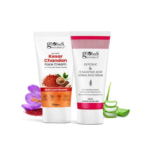 Globus Naturals Skin Lightening Kesar Chandan & Anti Acne Glycolic Face Cream 50 gm Combo Pack, Set of 2