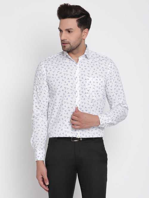 White with Blue Printed Men Formal Shirt