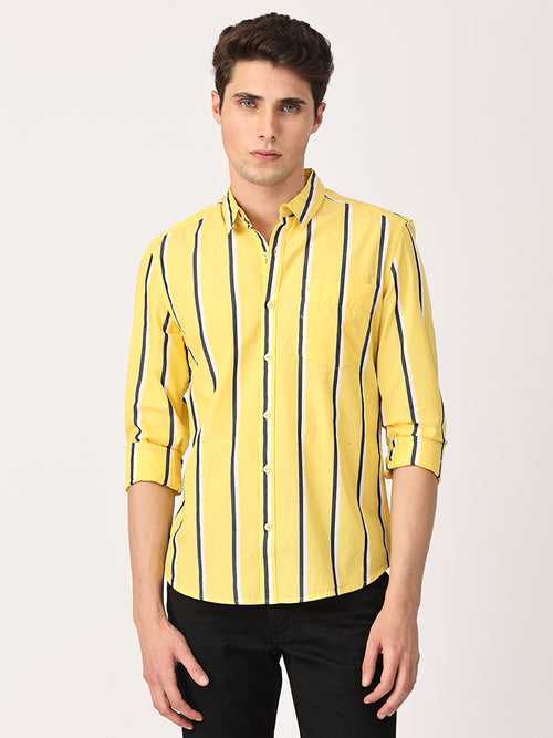 Crosscreek Men Yellow Slim Fit Striped Cotton Casual Shirt