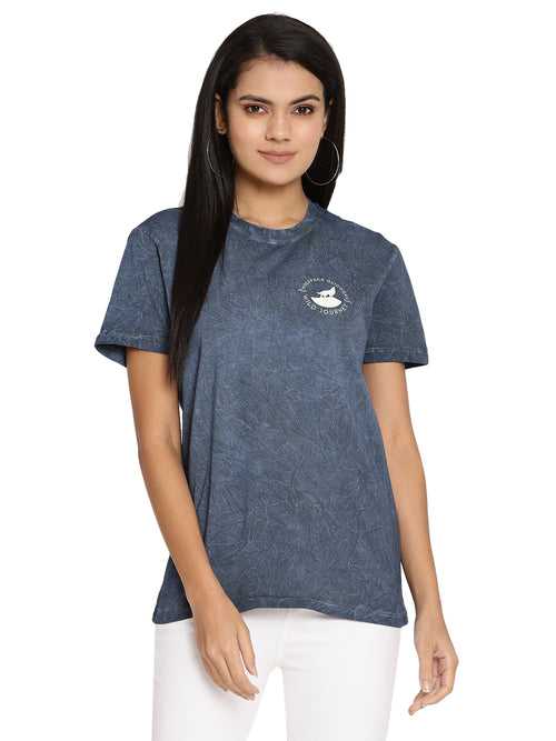 Wolfpack Crinkle Wash Blue Printed Women T-Shirt