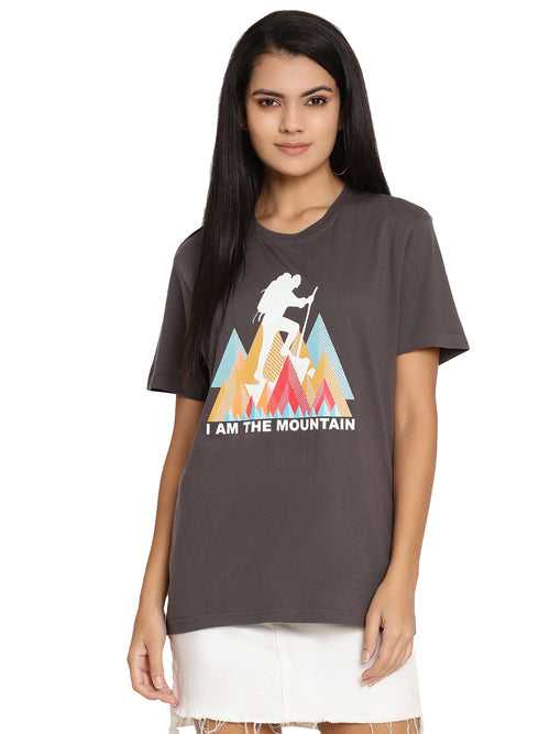 Wolfpack I Am Mountain Dark Grey Printed Women T-Shirt
