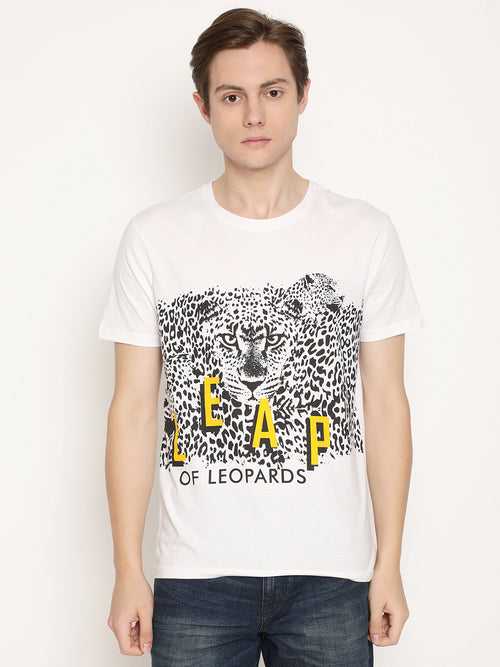 Leap Of Leopards White Printed Men T-Shirt