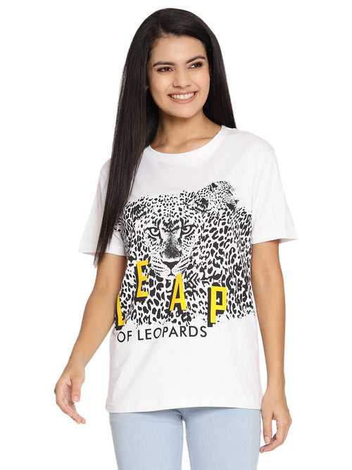 Wolfpack Leap Of Leopards White Printed Women T-Shirt