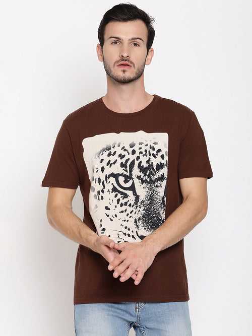 Leopard Eye Choco Brown Printed Men T-Shirt