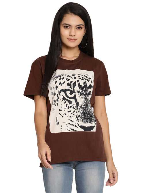Wolfpack Leopard Eye Choco Brown Printed Women T-Shirt