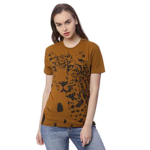 Wolfpack Leopard Graphic Greenish Brown Printed Women T-Shirt