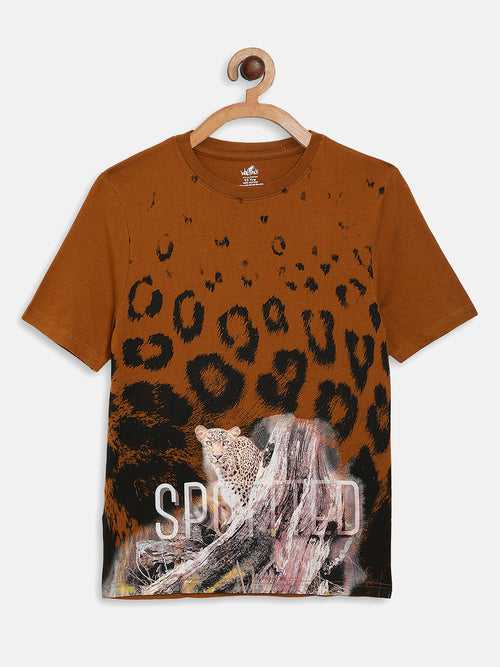 Wolfpack Boys Greenish Brown Spotted Printed T-Shirt