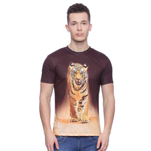 Tiger Head Brown Polyester Printed Men T-Shirt