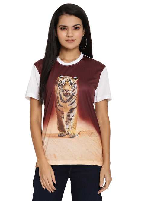 Wolfpack Tiger Head On Poly Brown with White Printed Women T-Shirt