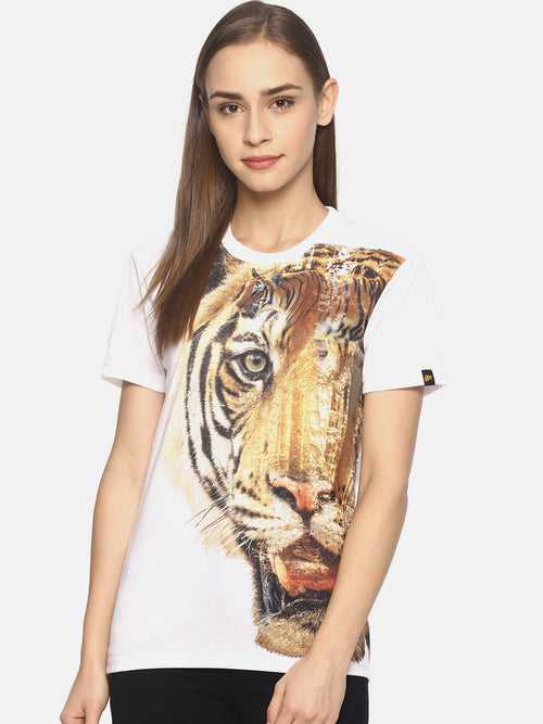 Wolfpack Tiger Side White Printed Women T-Shirt