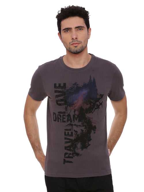 Travel Dream Dark Grey Printed Men T-Shirt