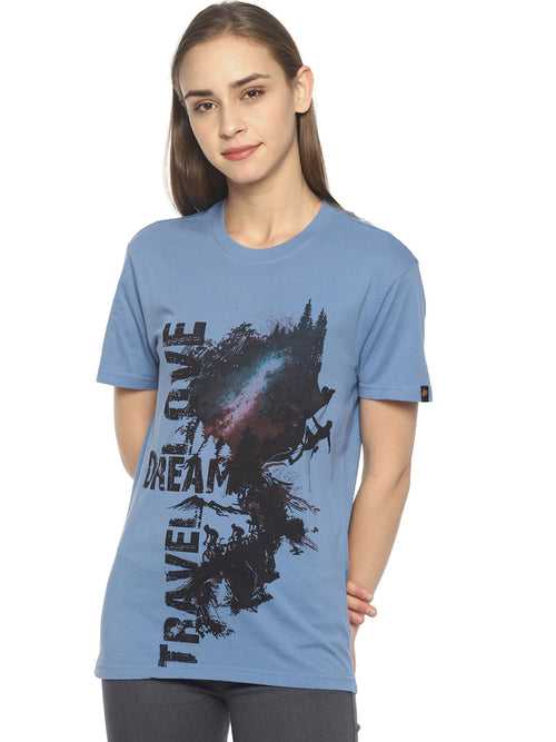 Wolfpack Travel Dream Mid Vel Blue Printed Women T-Shirt