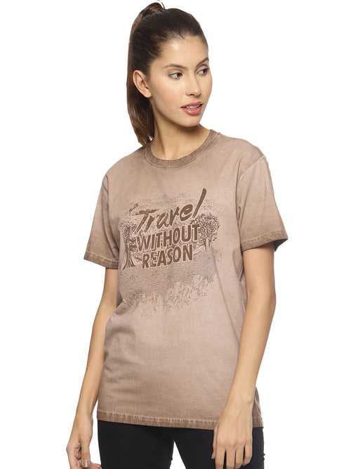 Wolfpack Travel Without Reason Brown Printed Women T-Shirt