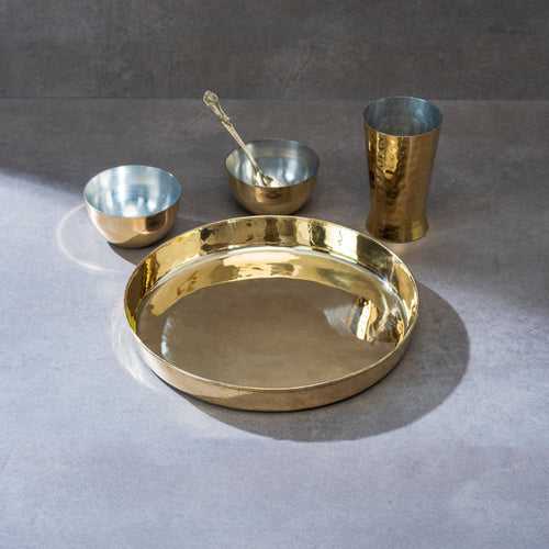 Brass Thaali Set - 5 pieces set (1 Thaali, 2 bowls, 1 glass and 1 spoon