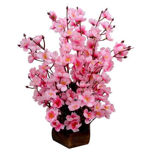 Artificial Cherry Blossom Flowers with Wood Pot (Height - 45 cm)