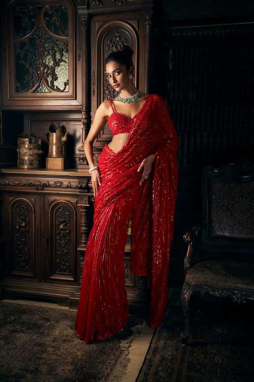 Red Sequin Net Saree