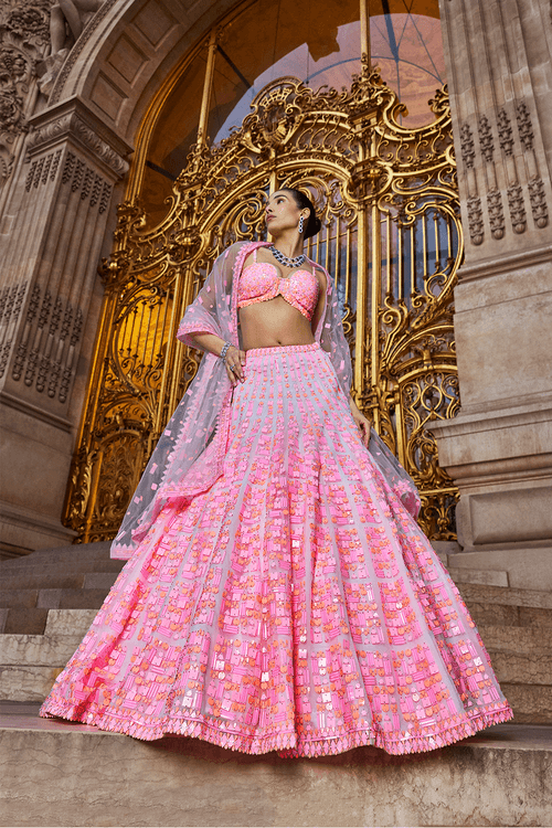 Neon Peach Pink Sequin Lehenga Set