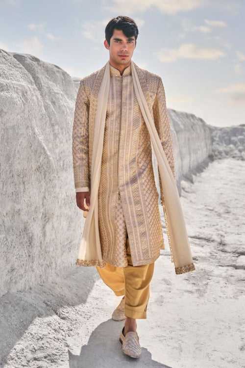 Two -Tone Beige Gota Patti Sherwani Set