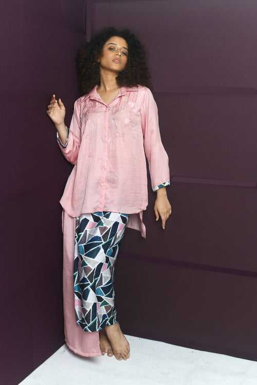 Stylish High Low Shirt with Straight Geometric Printed Skirt -1483