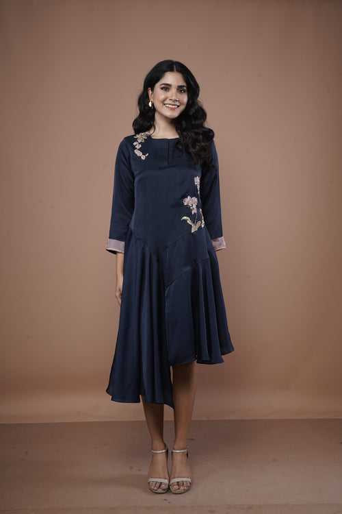 Asymmetrical Floral Embroidered Dress - 1377