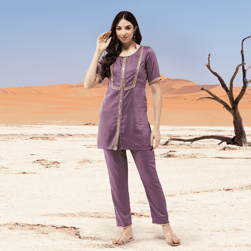 Festive Solid Short Kurti With Mirror Lace And Matching Pant Set