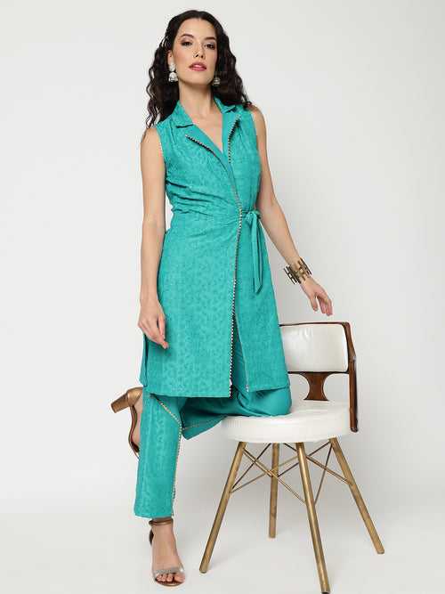 Self Embroidered Long Sleeveless Top With Waist Tie-Up And Stylish Pants Set Having Lace Details