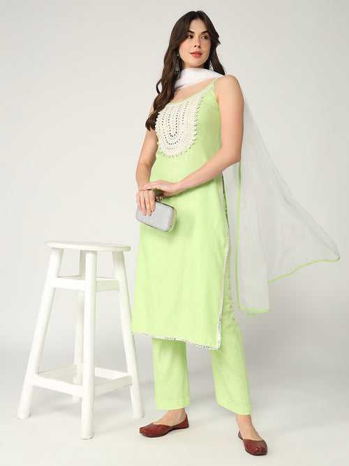 Strappy Kurta With Embroidered Yoke And Straight Pant Having Matching Dupatta Set With Lace Details