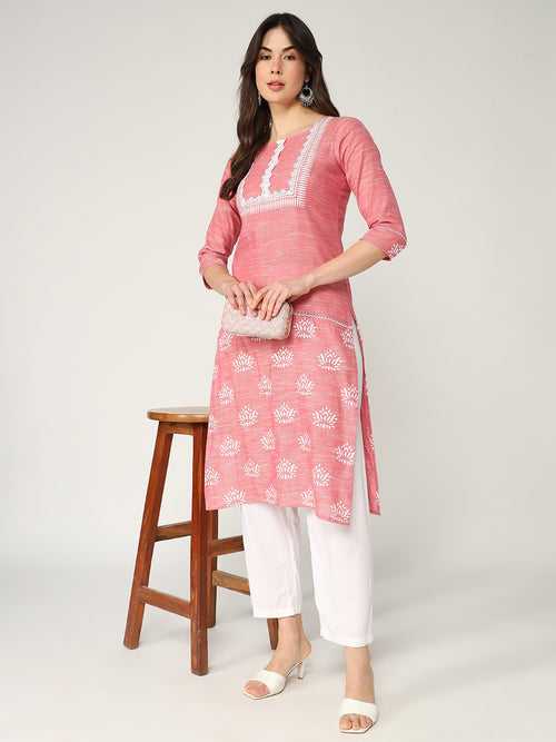 Straight Fit Printed Kurta With Lace At Front Yoke