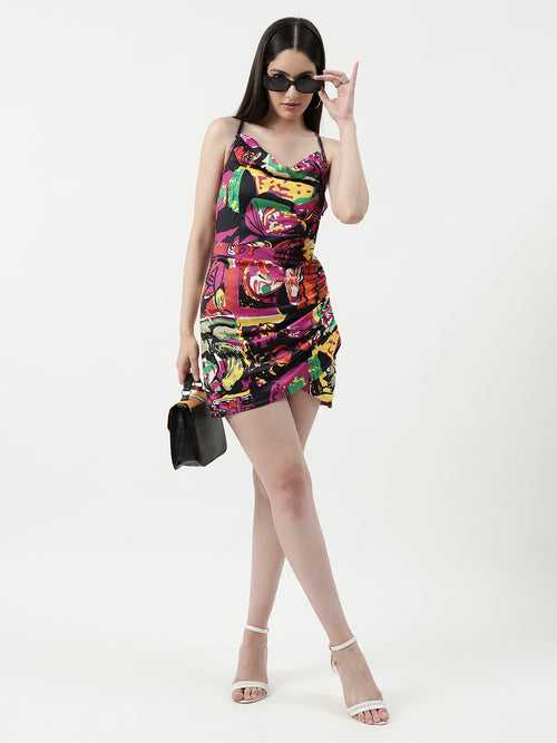 Picasso Inspired Digital Printed Cowl Neck Overlap Dress
