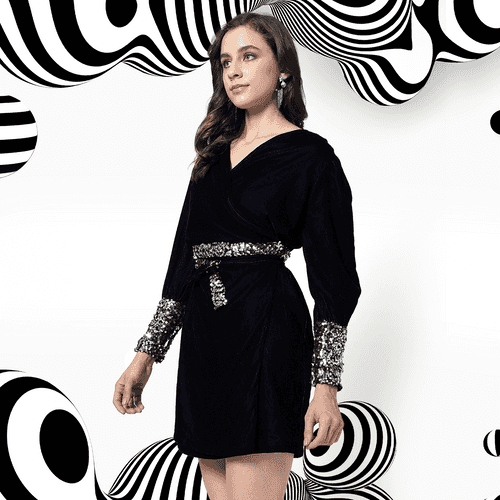Solid Velvet Overlaping Style Dress With Sequin Belt Tie-Up