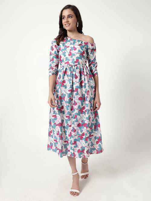 Digital Printed One-Shoulder Floral Dress